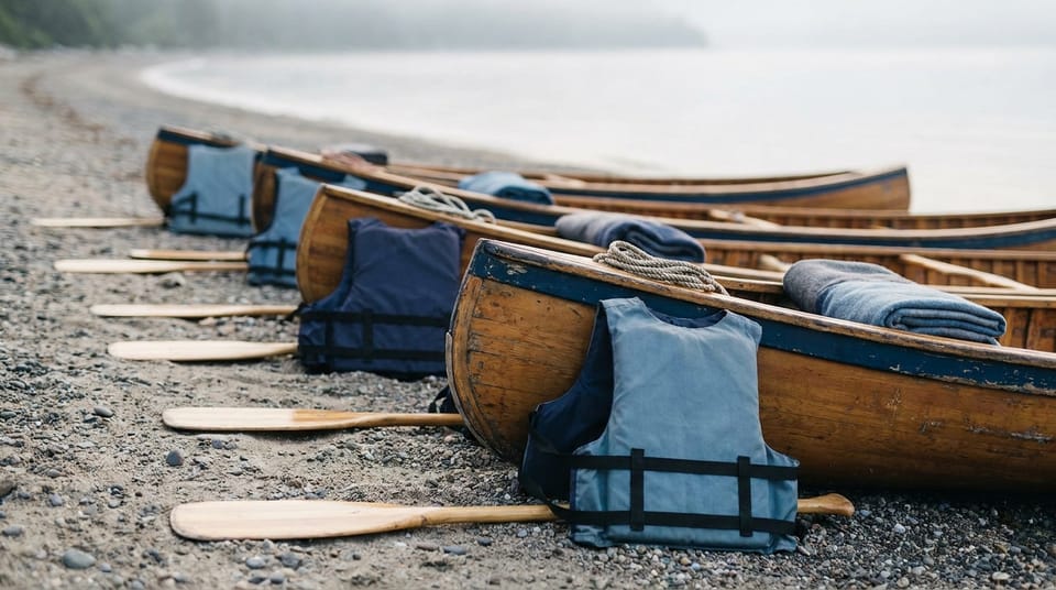 A line of canoes on a beach with paddles and life jackets laid out ready for a tour group, morning.