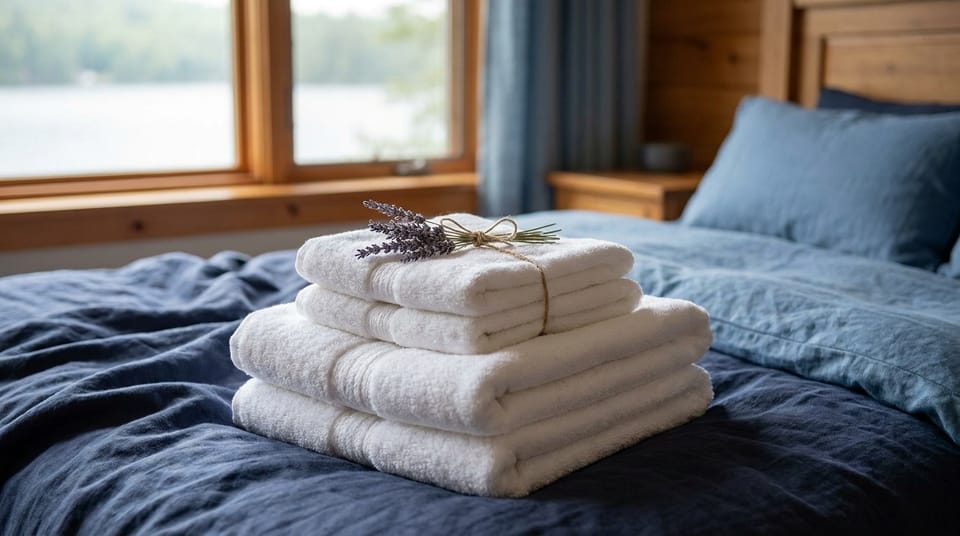 A stack of fresh folded white towels on a made bed with a sprig of lavender on top, lake light through a window.