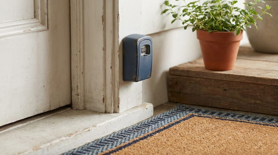 A key safe mounted on a white-painted apartment door frame, a doormat and a potted plant beside the door.