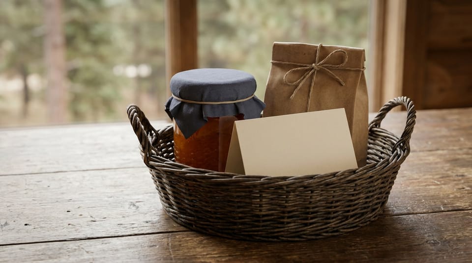 A welcome basket with a jar of jam, a bag of coffee beans and a folded blank card on a cabin kitchen table.