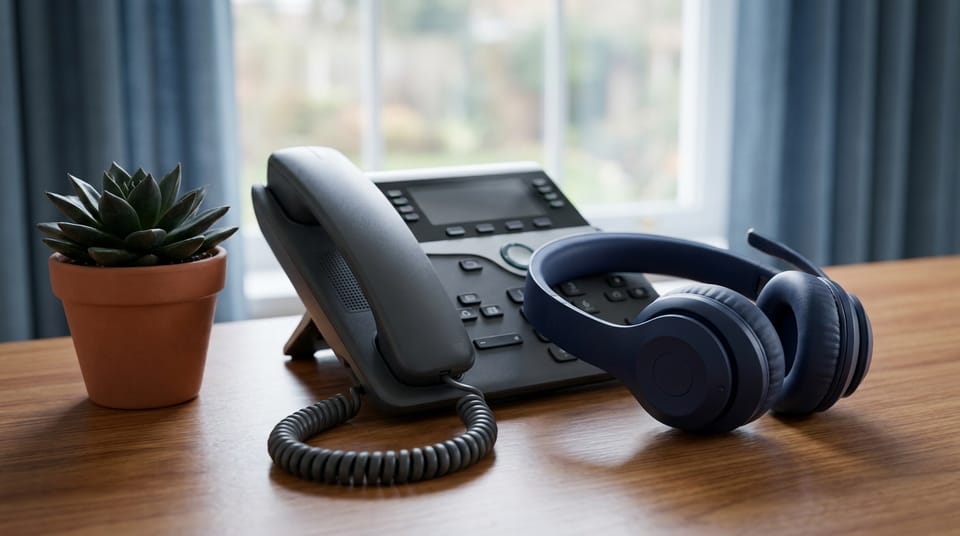 A tidy sales desk with a desk phone and a headset resting on it, a small plant and a window.