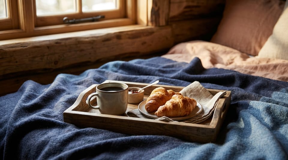 A breakfast tray with coffee and croissants on a bed in a sunlit timber cabin loft.