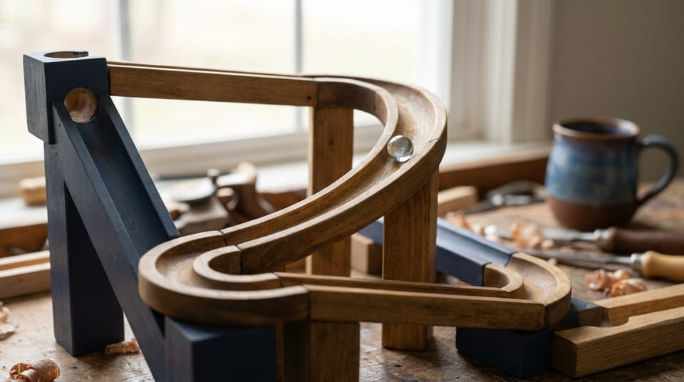 A wooden marble run of tracks and chutes on a workbench, a single glass marble mid-track.