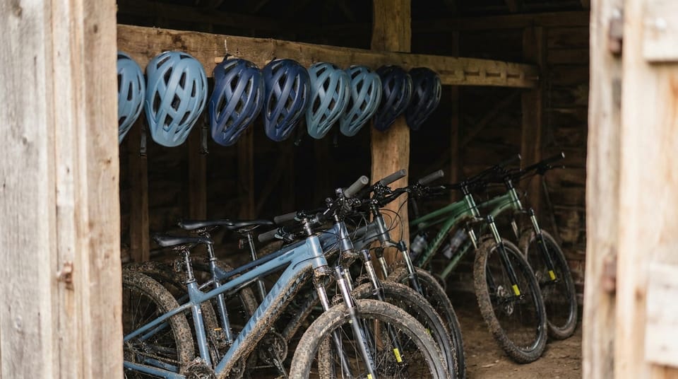 A row of bike helmets hanging on pegs above a line of mountain bikes in a tour shed, forest light through the door.