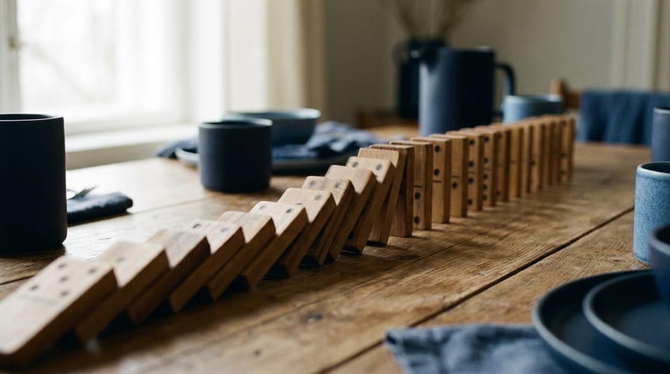A long row of wooden dominoes on a table caught mid-fall, soft window light.