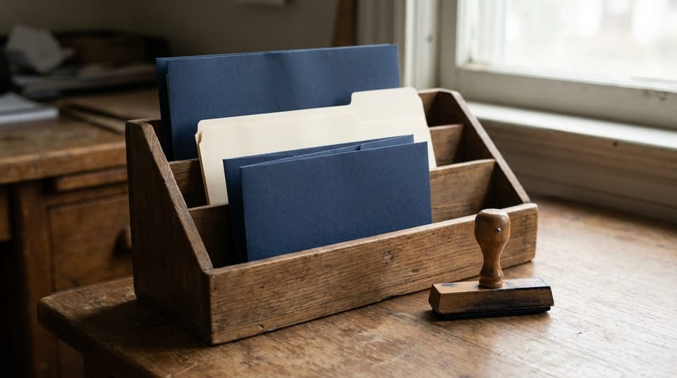 A wooden desk organiser holding sorted blank folders, a rubber stamp beside it, office light.