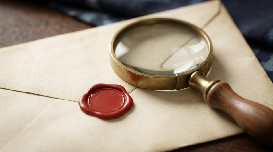 A brass magnifying glass resting on a sealed envelope closed with a plain red wax seal.