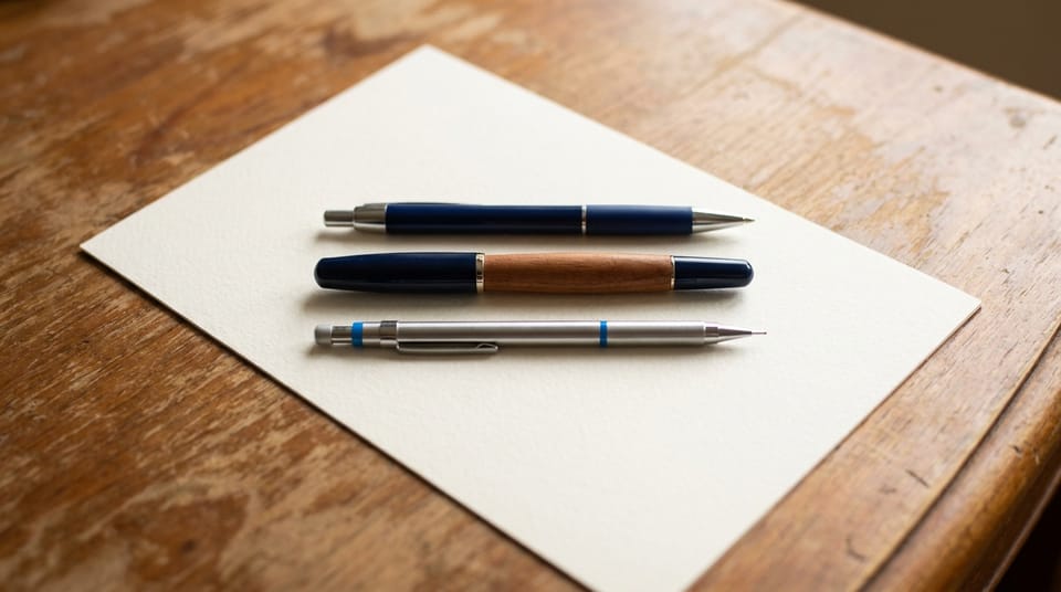 Three different pens lying in a row across a single blank sheet of paper on a desk.