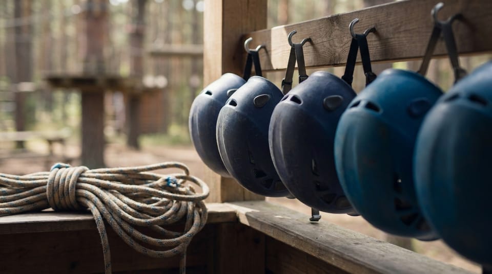 A row of climbing helmets on hooks beside a coiled rope at an adventure park, soft morning light.