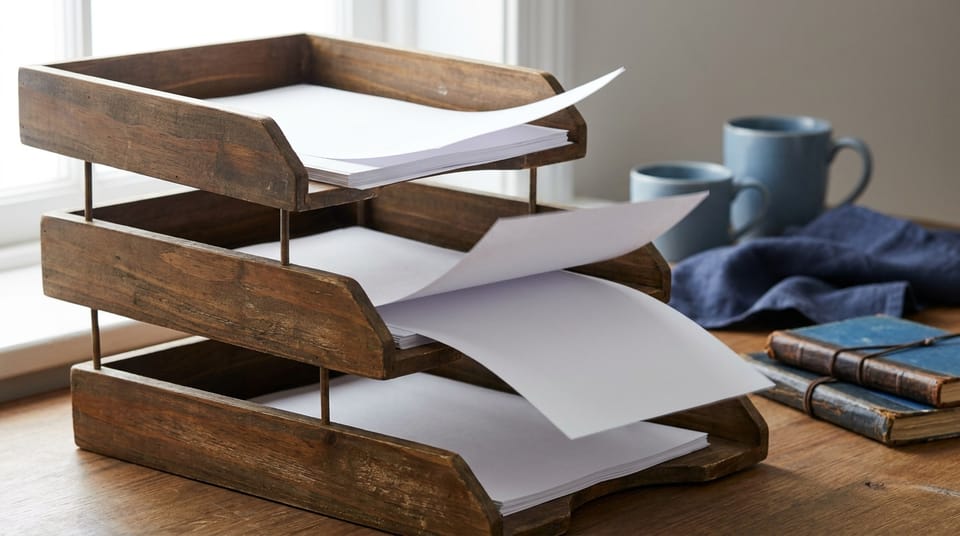 Three wooden in-trays stacked in steps on a desk, blank papers moving from one to the next.