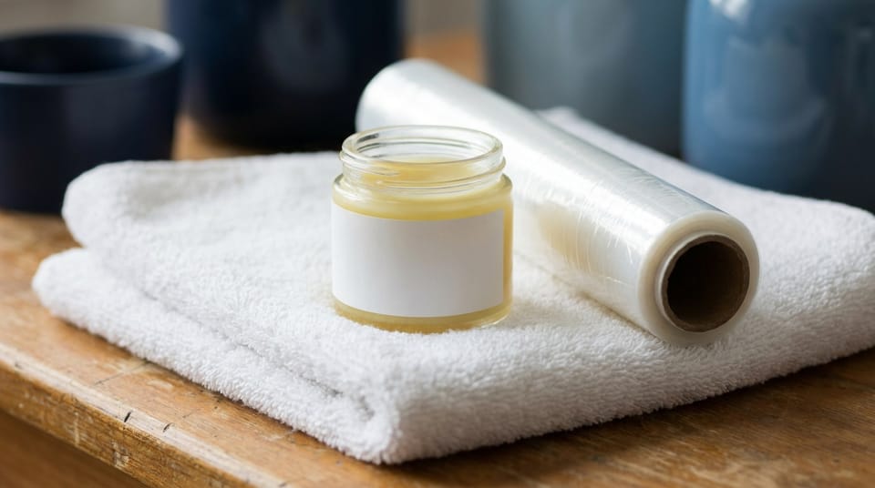 A small plain jar of balm with a blank label and a roll of clear film on a clean white towel, soft studio light.