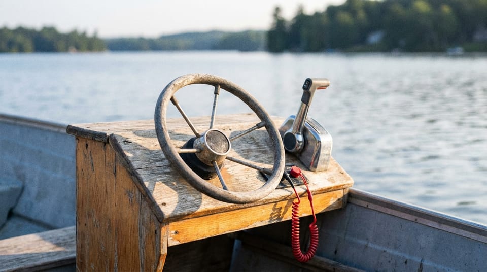 The console of a small outboard boat: a steering wheel, a throttle lever and a red coiled kill-switch lanyard, lake water beyond.