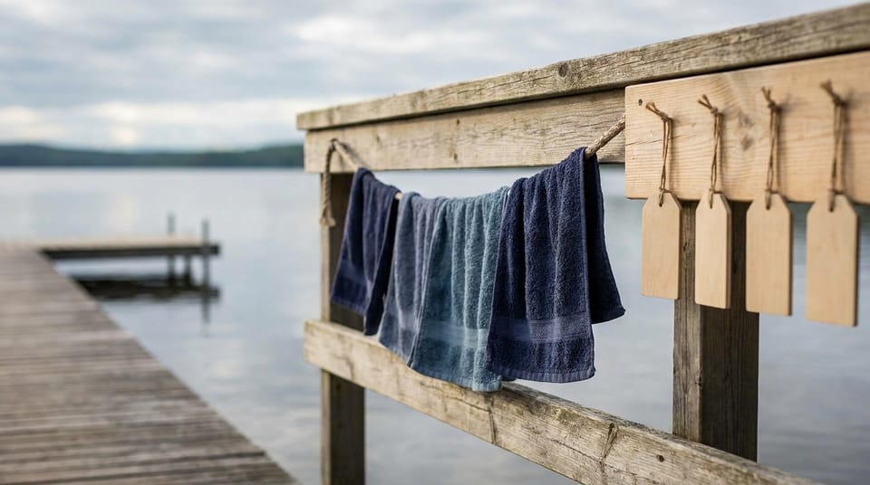 A camp swimming dock with a row of small towels hung on the rail and a wooden board of blank hanging tags, a calm lake.