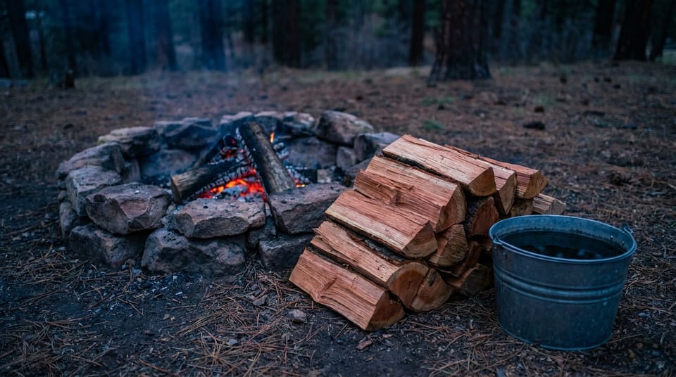 A stone campfire ring with a small fire burning, neatly stacked split logs and a steel bucket of water beside it, pines at dusk.