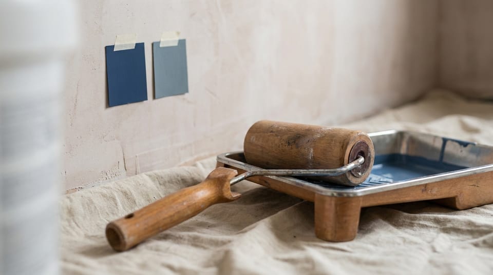 A paint roller and tray on a drop cloth beside two unlabelled colour swatches taped to a freshly plastered wall.