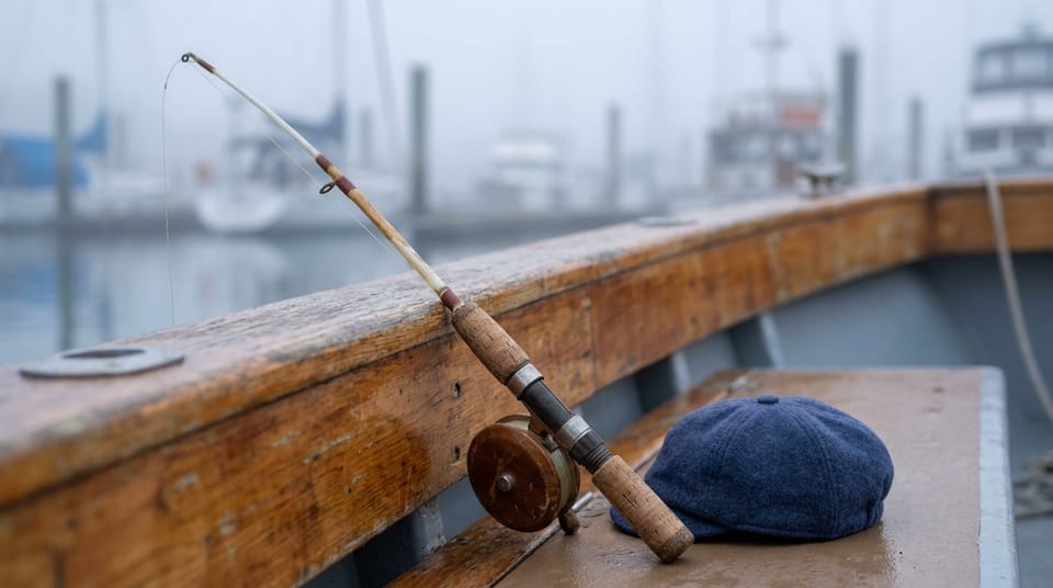 A child-sized fishing rod leaning against the rail of a charter boat beside a small cap, the harbour in mist.