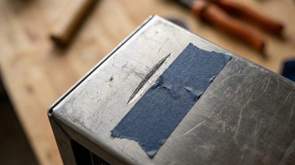 Close view of a scratched steel corner of a rental generator with a strip of tape beside the scratch, workshop light.
