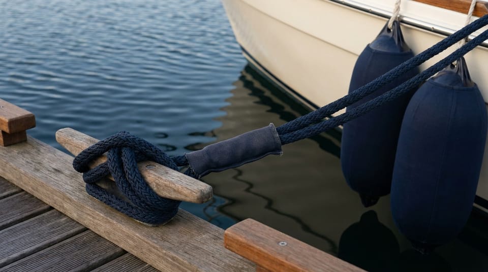 Mooring lines tied in a neat cleat hitch with a chafe guard, fenders against a white hull, rippled water.