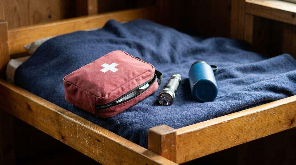 A red first-aid bag with a white cross, unzipped on a camp bunk, a flashlight and a water bottle beside it.