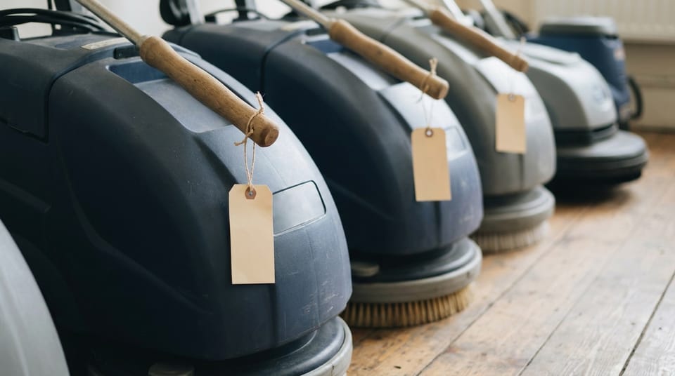 A row of floor-cleaning machines on a rental shop floor, each with a blank paper tag tied to its handle.