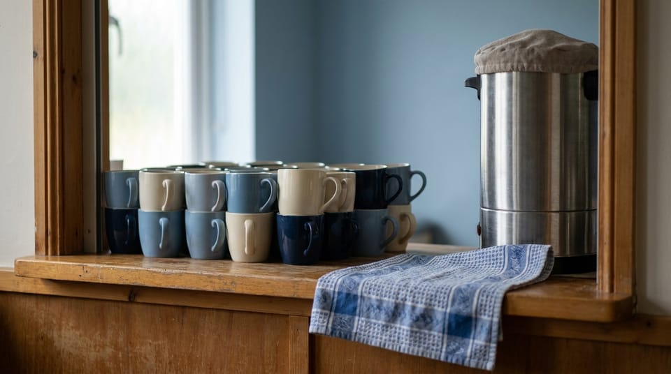 The serving hatch of a community hall kitchen with rows of clean cups and a steel tea urn, a tea towel over the counter.