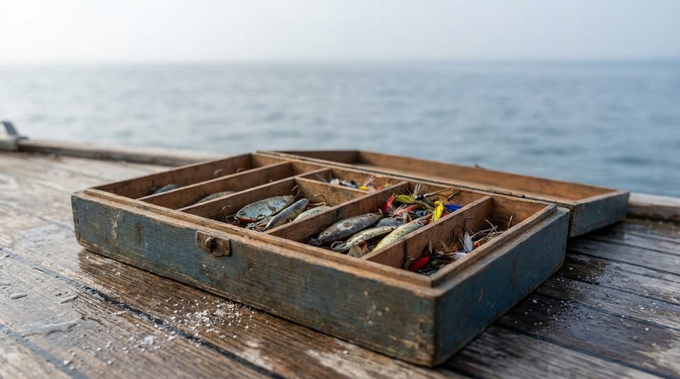 A tackle box open on a boat deck with lures and hooks in its trays, spray on the deck, the sea beyond.