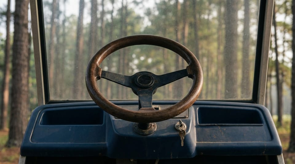 Close view of a golf cart's steering wheel and dash with a key in it, campground pines blurred through the windscreen.