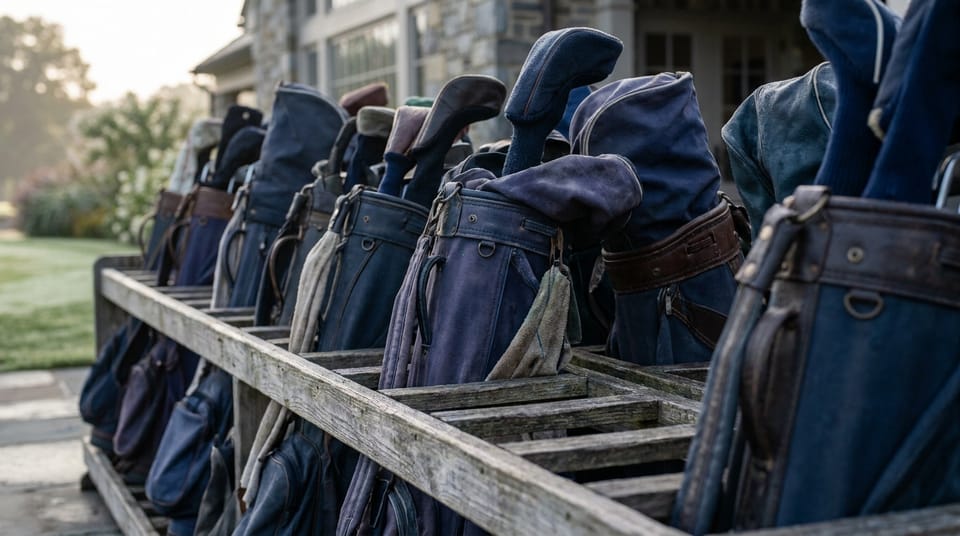 A long row of golf bags standing in a bag-drop rack outside a clubhouse at dawn.