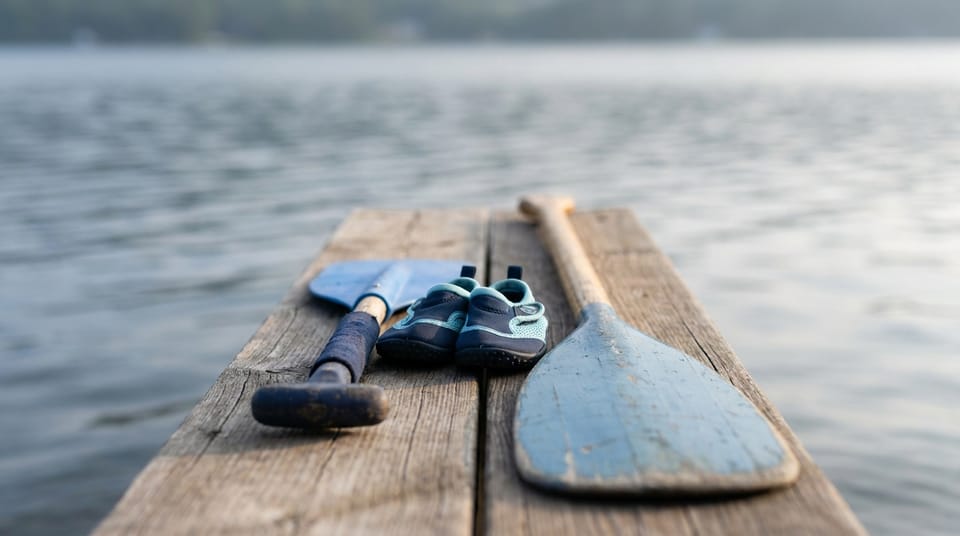 A child's small paddle and a pair of small water shoes on a dock plank beside an adult-size paddle.