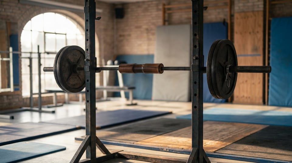 A squat rack with a loaded barbell in a quiet gym in early morning light.