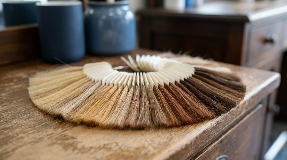 A fanned ring of hair colour swatches, strands in graded shades from blonde to deep brown, on a salon counter.