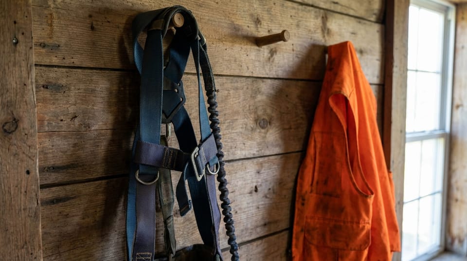 A tree-stand safety harness and tether hanging from a peg on a timber wall beside a blaze-orange jacket.