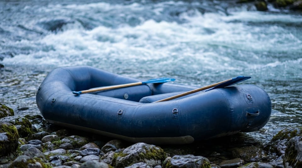 A whitewater raft pulled up on a river bank with paddles inside it, rapids blurred behind.