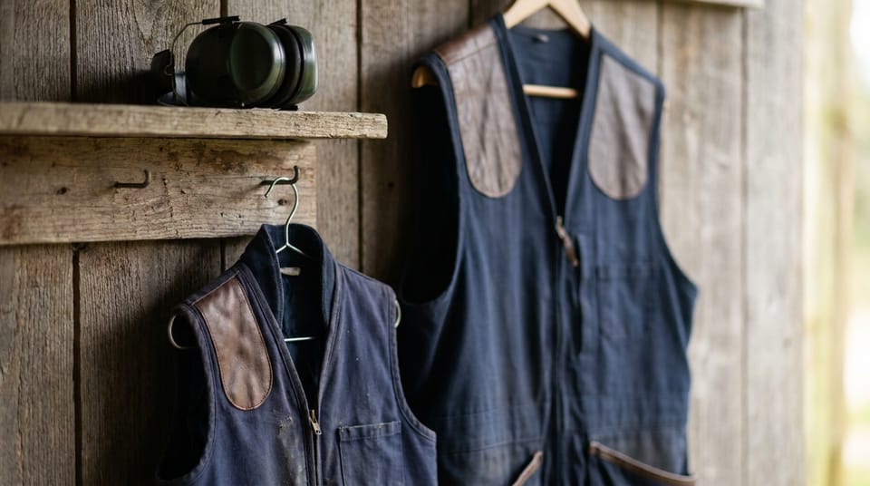 A small youth-sized shooting vest hanging beside an adult-sized one on hooks at a range, ear defenders on the shelf above.