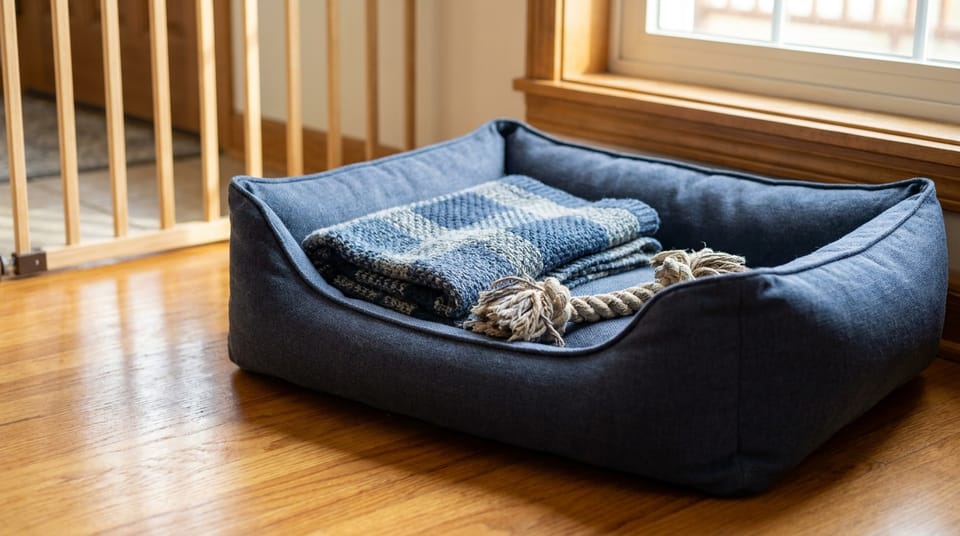 A dog bed with a folded blanket and a chew toy in a bright daycare room, a gate blurred behind.