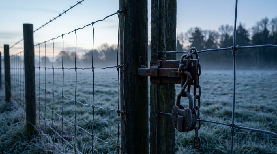A wire fence with a gate latch and a hanging padlock at the edge of a field at first light, frost on the grass.