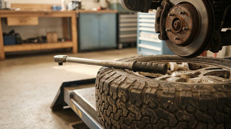 Close view of a car's front wheel and brake disc on a lift in a clean workshop, a torque wrench resting on the tyre.