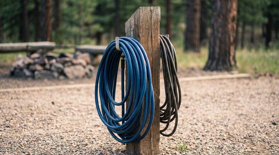 An RV hookup post with a coiled water hose and power cord on a gravel pad, a campfire ring and pines behind.