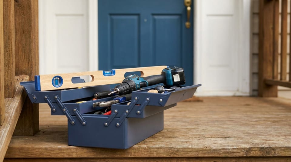 An open toolbox on a porch step with a cordless drill and a spirit level on top, a front door beyond.