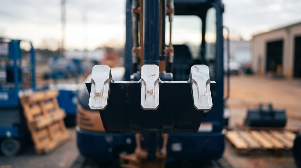 Close view of the steel teeth on a mini excavator's bucket in a rental yard, pallets and machines soft behind.