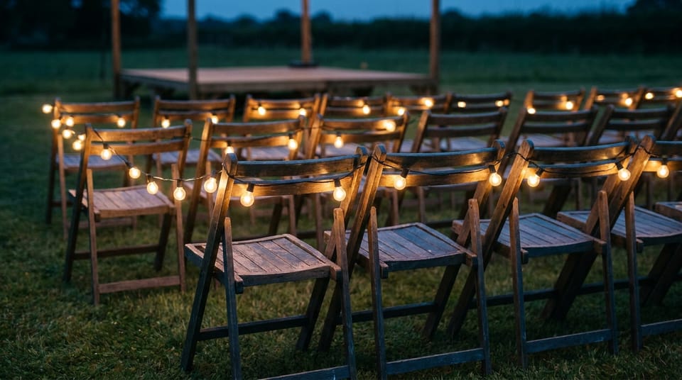 Strings of warm festoon lights over rows of empty wooden folding chairs on a lawn at dusk.