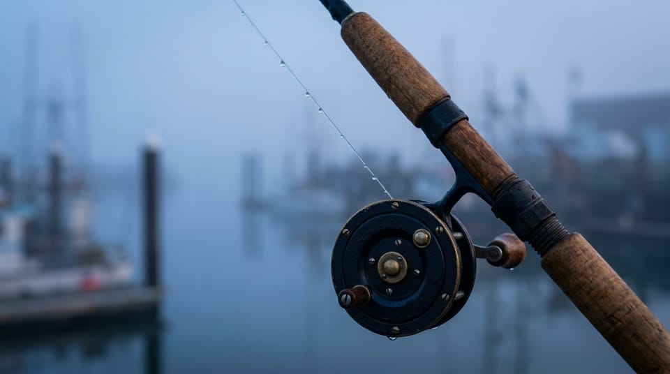 Close view of a fishing reel and rod tip against a misty harbour at dawn, droplets on the line.