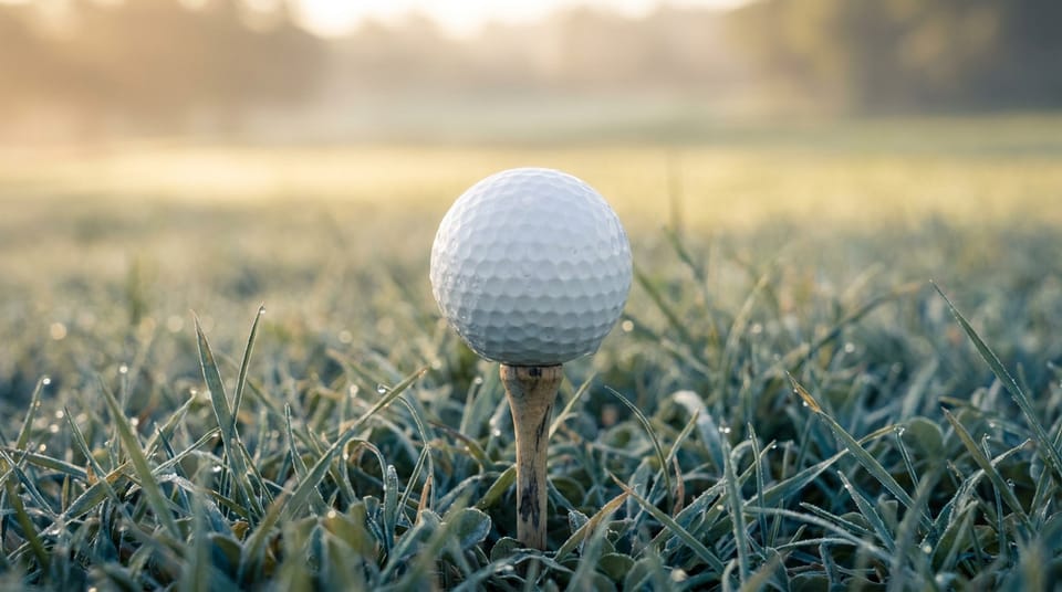Close view of a golf ball on a tee on dewy grass at first light, the fairway soft behind.