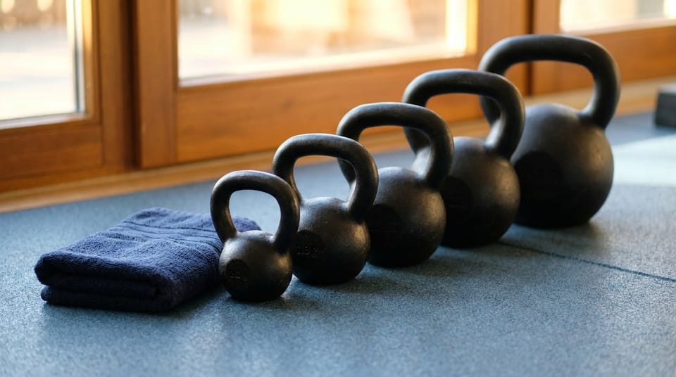 A row of kettlebells of graded sizes on a rubber gym floor beside a folded towel, a bright studio window.