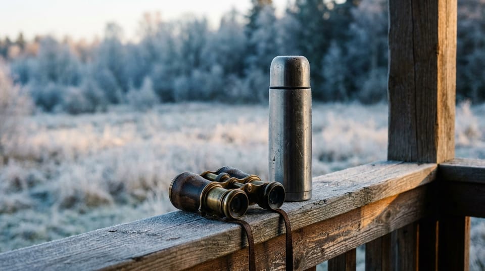 A pair of binoculars and a steel thermos on a timber porch rail at first light, a frosty meadow and treeline beyond.