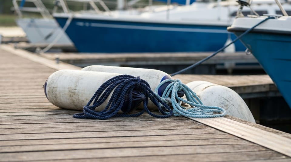 White fenders and neatly coiled lines along the edge of a floating dock, sailboat hulls blurred behind.