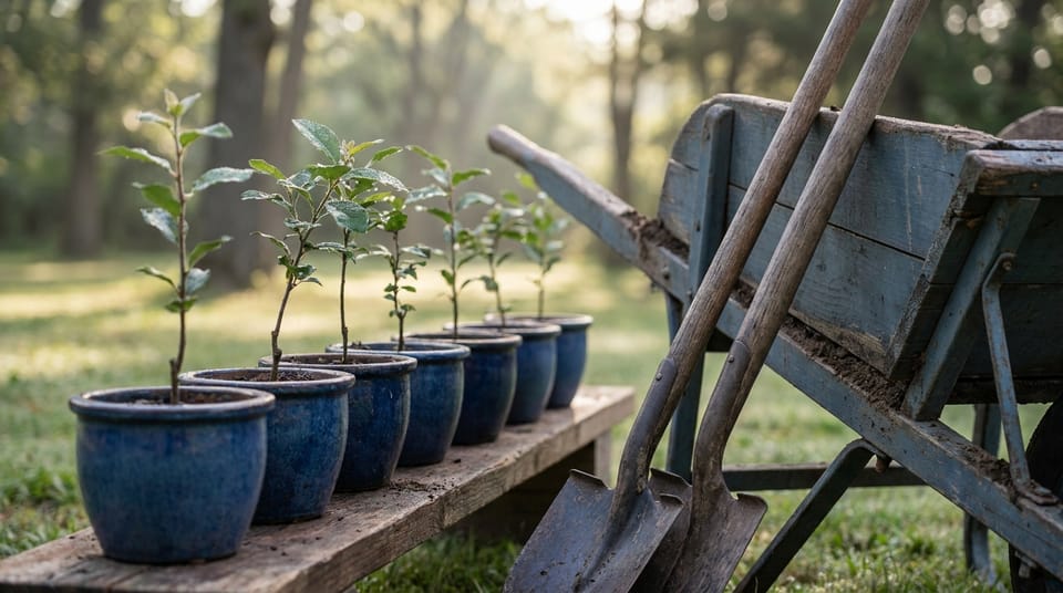 A row of young saplings in pots and two shovels leaning on a wheelbarrow in a park in the morning.