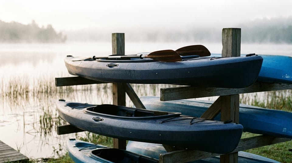 Bright sit-on-top kayaks stacked on a timber rack by a lake, two paddles laid across them, morning mist on the water.
