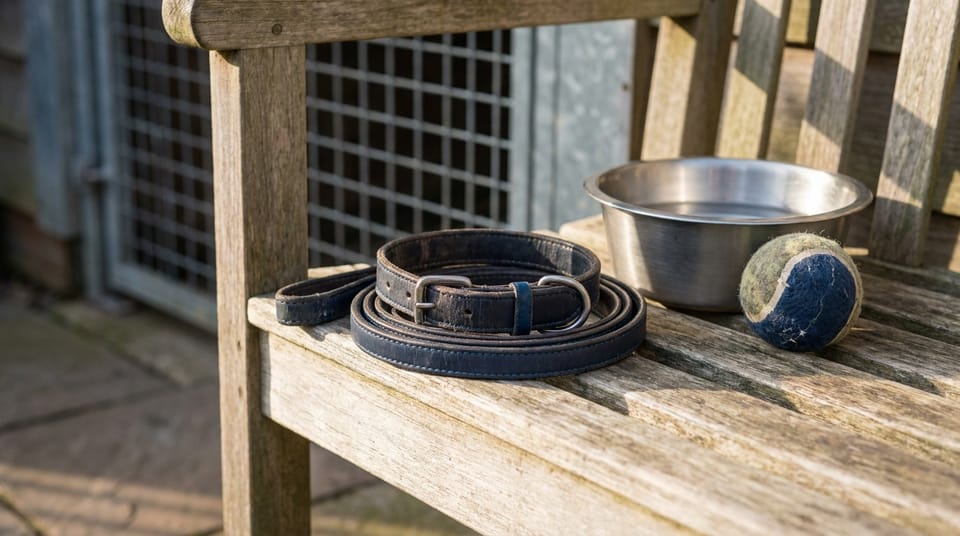 A leather dog collar and lead coiled on a wooden bench beside a steel water bowl and a tennis ball, a kennel gate blurred behind.