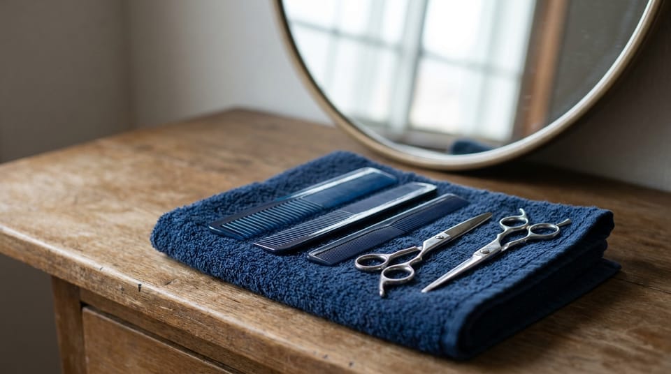 A row of clean combs and hairdressing scissors laid on a folded towel on a warm wood counter, a round mirror blurred behind.
